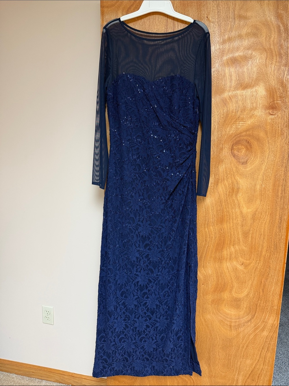 Elegant  Ralph Lauren Navy Lace Evening Gown with Illusion Sleeves